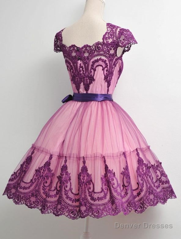 Square Neck Fuchsia Cap Sleeve A Line Appliques Lace Ribbon Trim Homecoming Dresses Main image