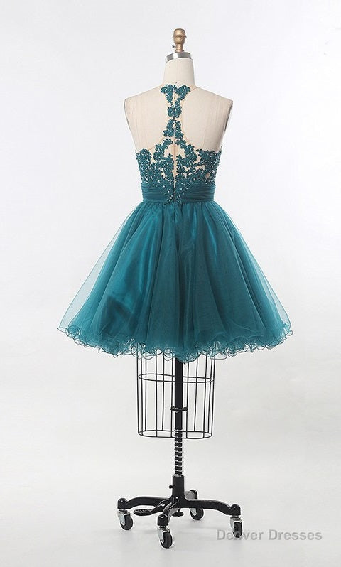 A Line Scoop Sleeveless Sheer Appliques Tulle Pleated Ruched Backless Homecoming Dresses Secondary image