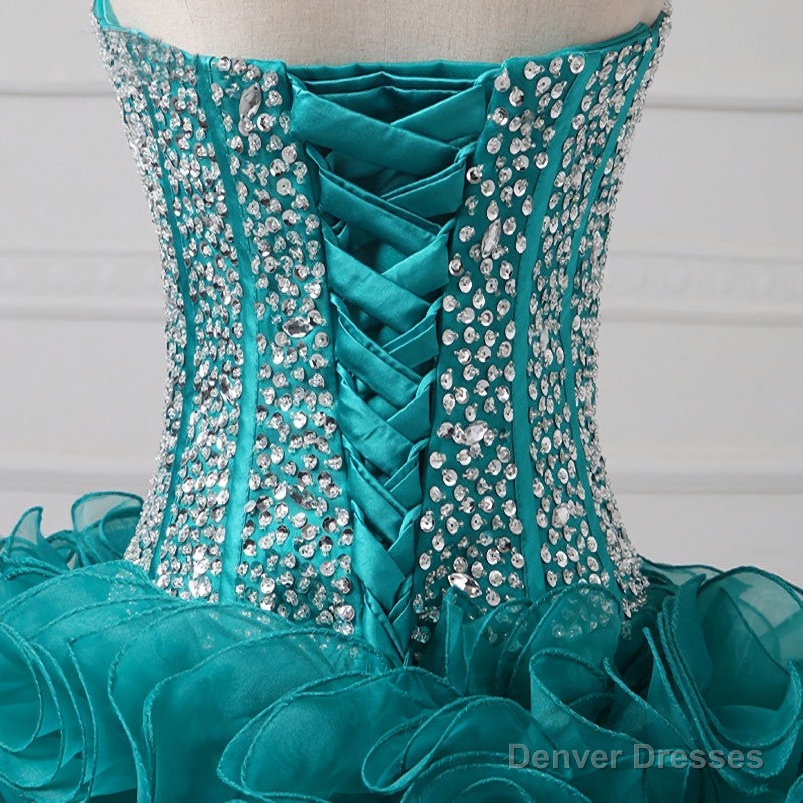 Ruffles Strapless Sweetheart Backless Rhinestone Organza Teal Homecoming Dresses