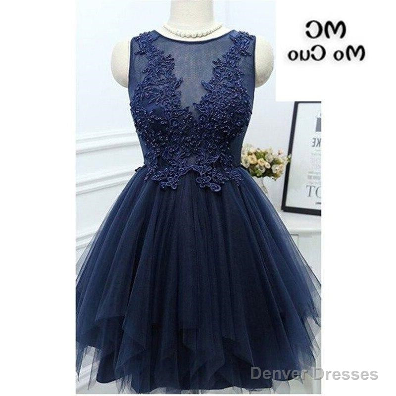 Jewel Sleeveless Appliques Beading A Line Tulle Sheer Pleated Dark Navy Homecoming Dresses Main image