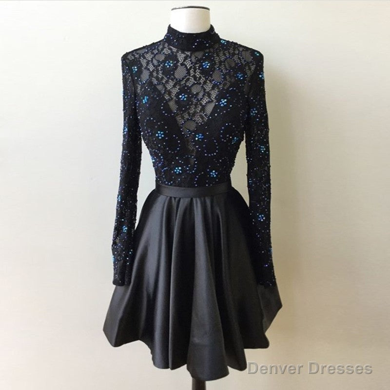 Lace A Line Beading Satin Pleated Black Long Sleeve High Neck Short Homecoming Dresses Main image