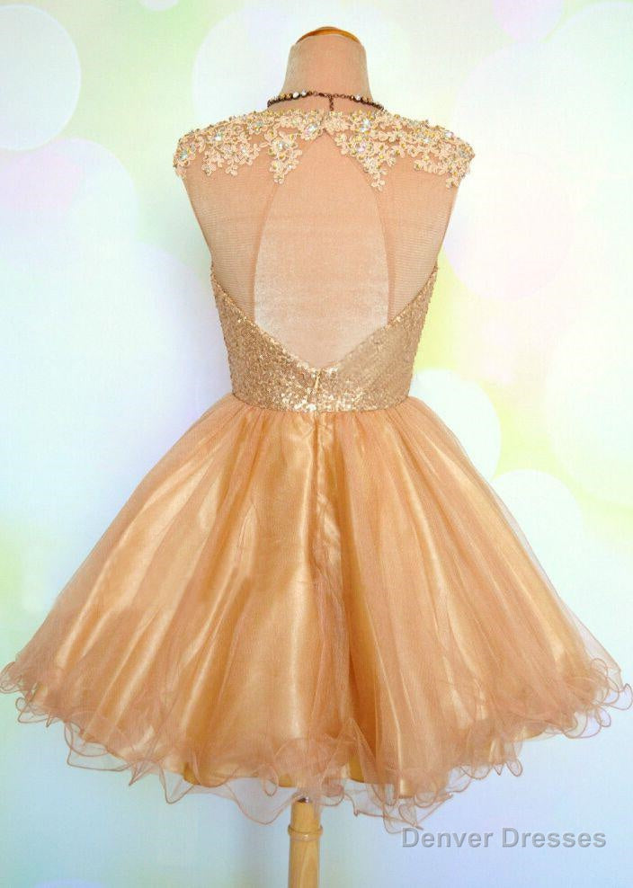 Cap Sleeve Jewel Appliques Sequins Sheer A Line Gold Organza Backless Homecoming Dresses Main image