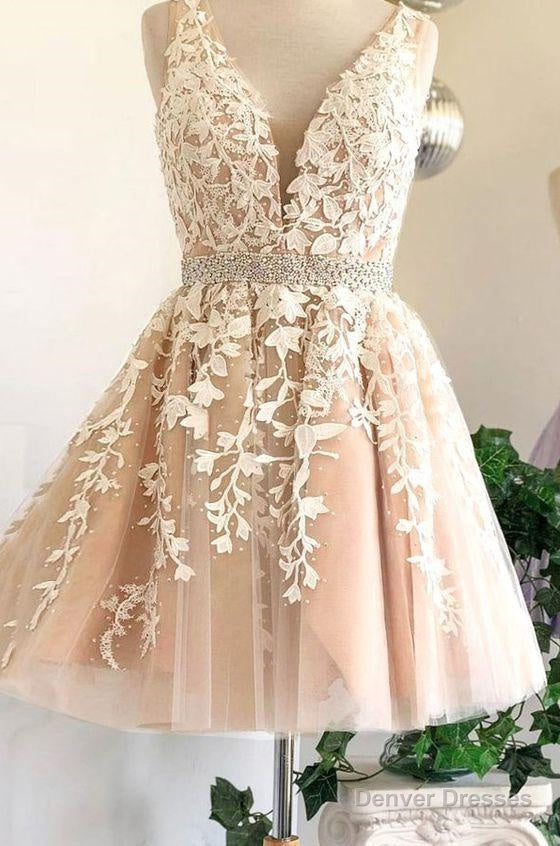 Deep V Neck Ivory Sleeveless A Line Tulle Lace Appliques Pleated Homecoming Dresses Main image