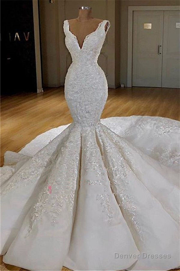 Sexy Mermaid V Neck Long Train Satin Lace Wedding Dresses Main image
