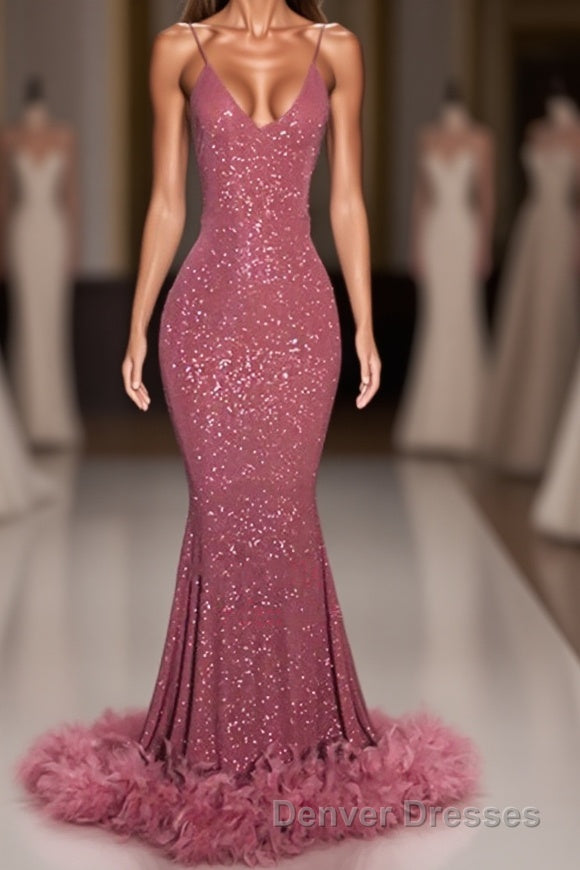 2023 Charming Mermaid Hot Pink Sequence With Feathers Halter Backless Prom Dress