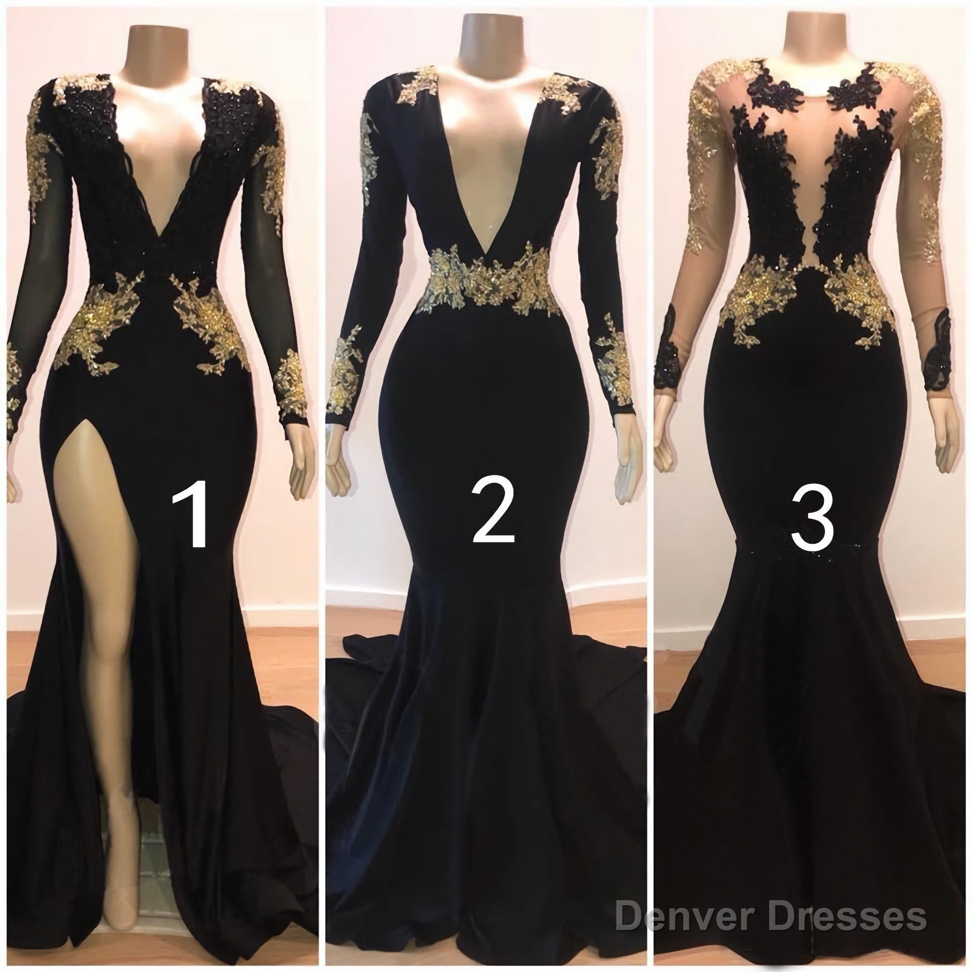 2025 Black Mermaid Long Sleeves V Neck Gold Appliques Prom Dresses Main image