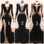 2025 Black Mermaid Long Sleeves V Neck Gold Appliques Prom Dresses