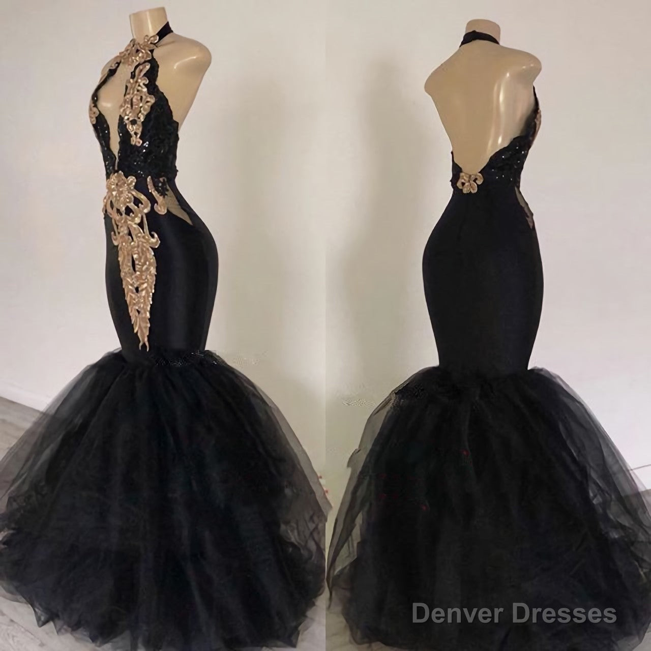 2025 Sexy Prom Dresses, Black Mermaid Tulle With Gold Appliques V Neck Backless