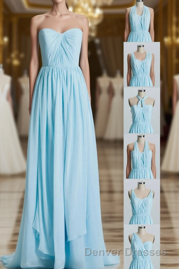 Blue Chiffon A-line Long Convertible Bridesmaid Dress