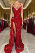 Halter Burgundy High Split Floor Length Prom Dress