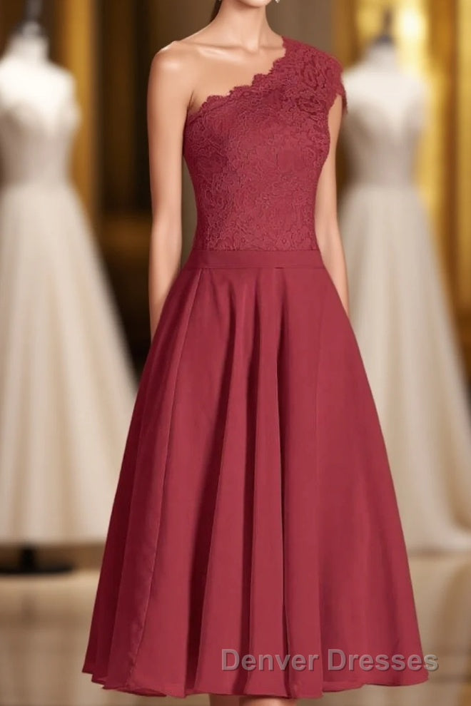 One-Shoulder Burgundy Lace A-Line Short Bridesmaid Dress Main image