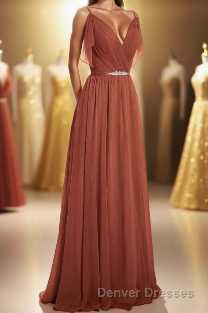 Rust Orange Chiffon Cold-Shoulder Long Bridesmaid Dress Main image