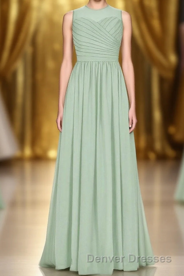 Sage Green Chiffon Sheer Neck A-Line Long Bridesmaid Dress Main image