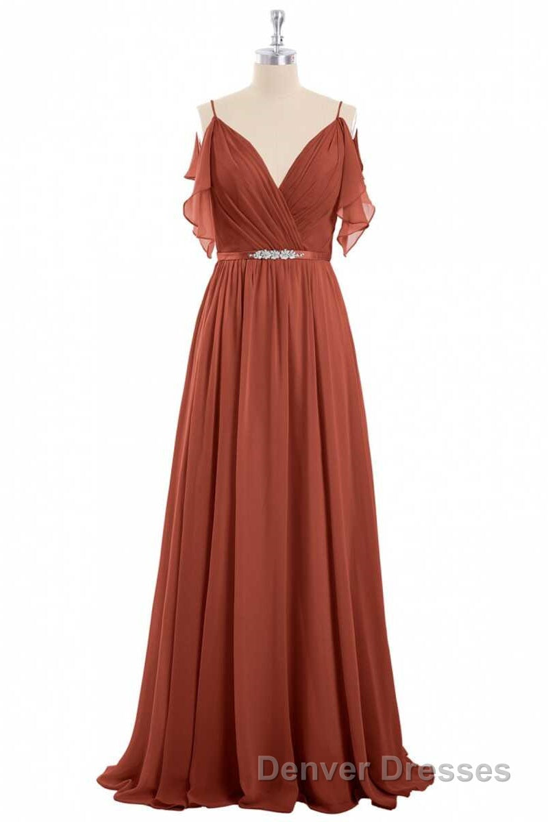 Rust Orange Chiffon Cold-Shoulder Long Bridesmaid Dress Secondary image