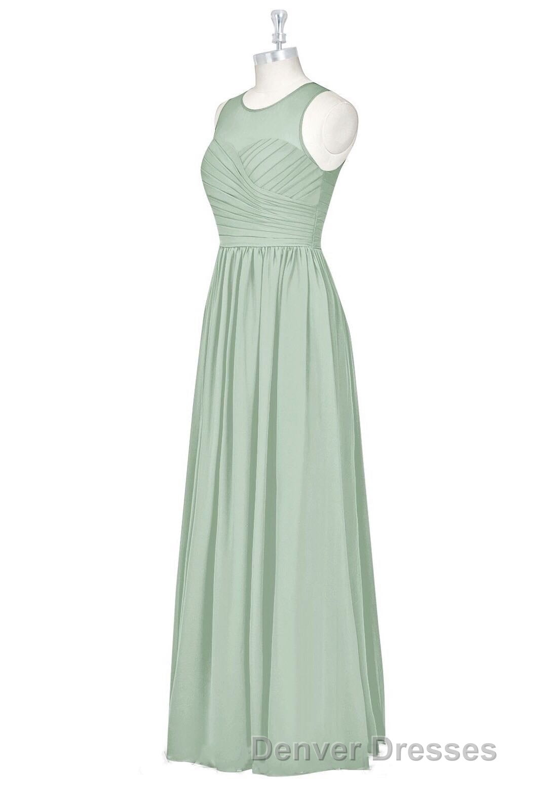 Sage Green Chiffon Sheer Neck A-Line Long Bridesmaid Dress Secondary image