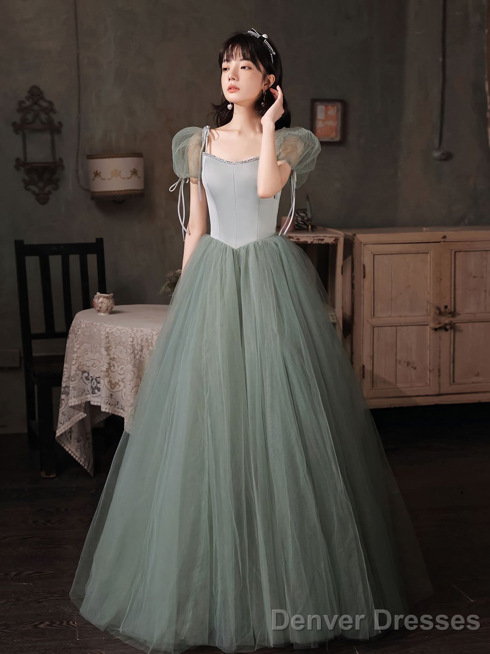Gray Green Tulle Long Prom Dress Green Tulle Formal Dress