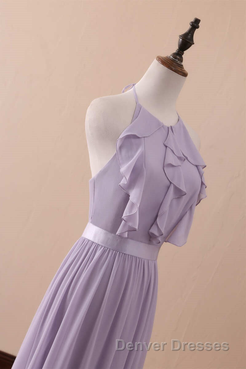 Lilac Halter Open Back Ruffled Long Bridesmaid Dress