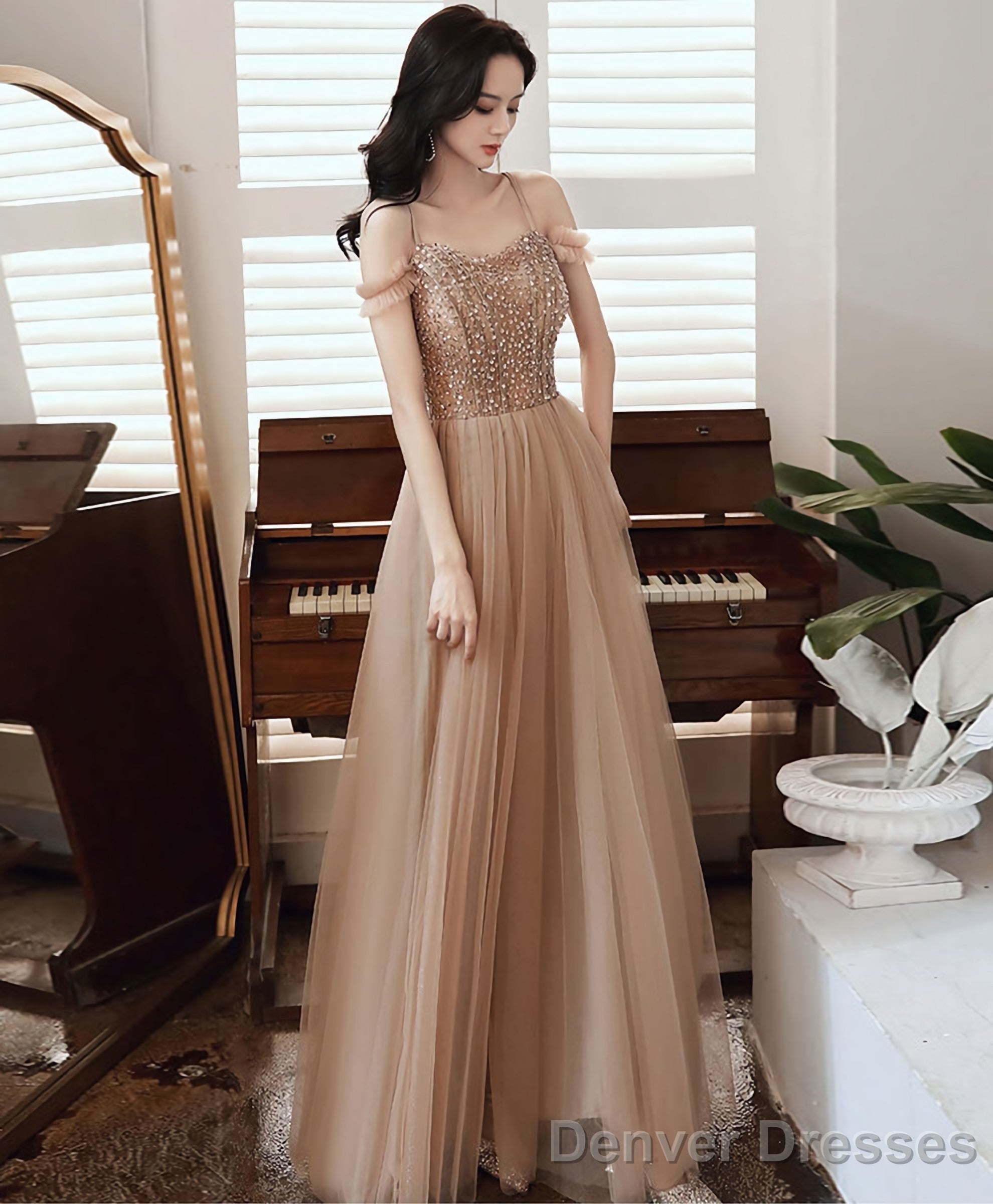 Champagne Sweetheart Tulle Sequin Long Prom Dress