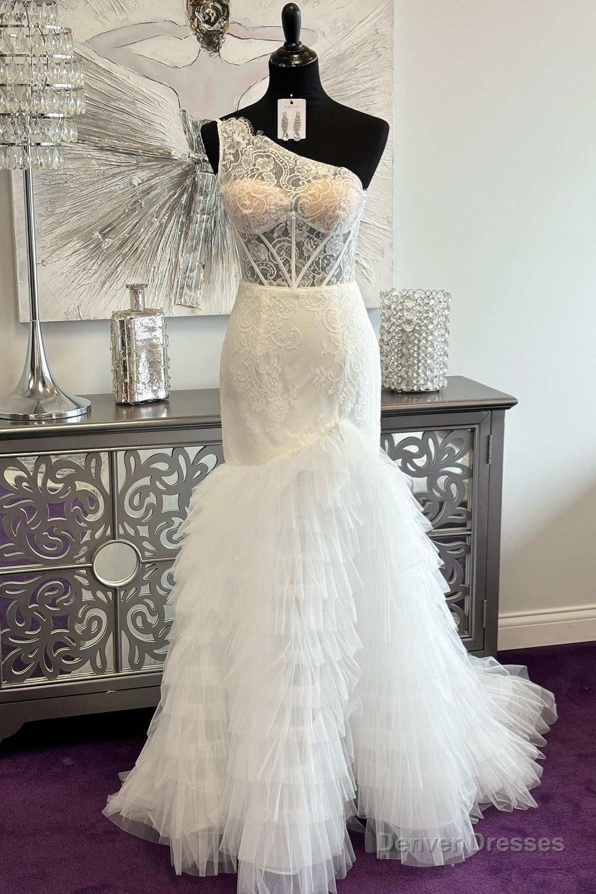 White One Shoulder Floral Layers Long Prom Dress Main image