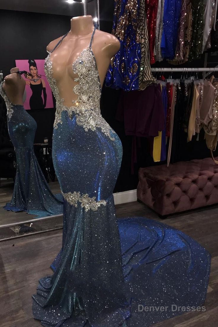 Sheath 2025 Blue Open Front Backless Long Halter Prom Dress Main image