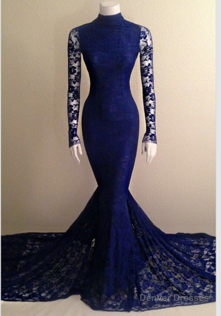 2025 Mermaid Long Sleeves Royal Blue Lace High Neck Long Prom Dress Main image