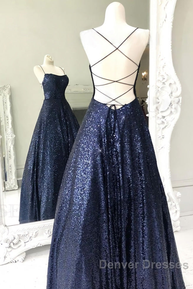 Long Navy Blue Sequin Prom Dress Secondary image