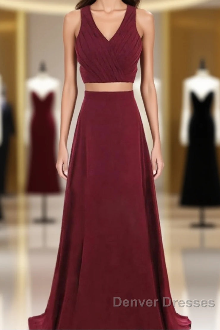 Two Piece Prom Dress A-Line Floor-length Burgundy Chiffon Prom Dress Main image