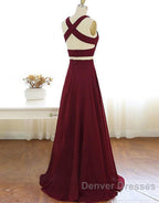 Two Piece Prom Dress A-Line Floor-length Burgundy Chiffon Prom Dress