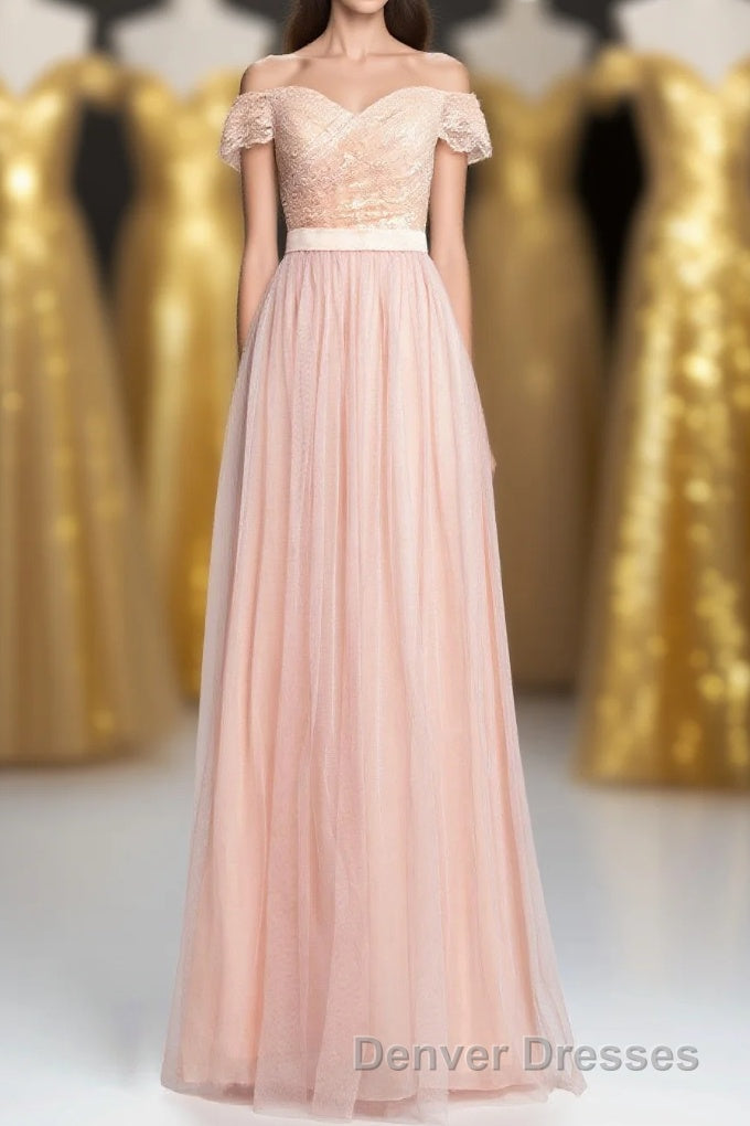 Off the Shoulder Pink Lace and Tulle Long Bridesmaid Dress