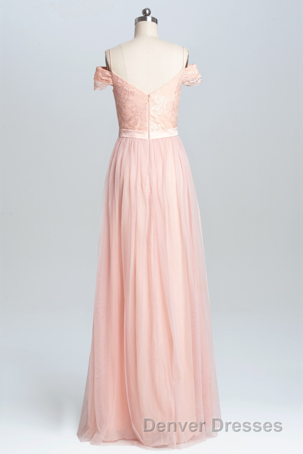 Off the Shoulder Pink Lace and Tulle Long Bridesmaid Dress Secondary image