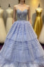 Periwinkle Lace Sweetheart Tiered Long Prom Dress with Ruffles