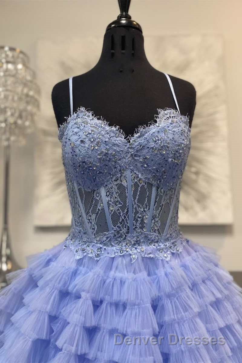 Periwinkle Lace Sweetheart Tiered Long Prom Dress with Ruffles Secondary image
