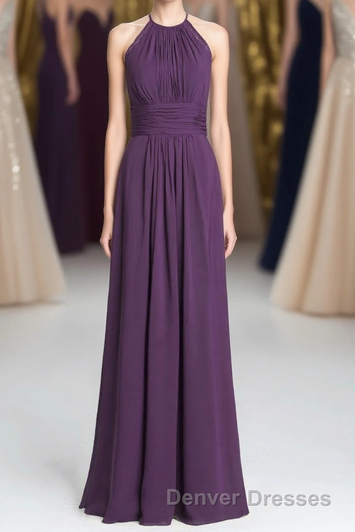 Purple Halter A-line Pleated Long Bridesmaid Dress Main image