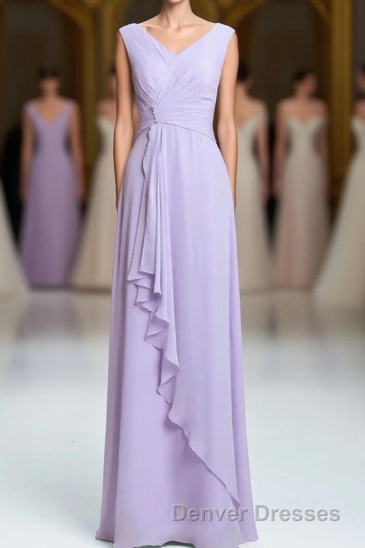 Lavender Chiffon A-line Ruffles Long Bridesmaid Dress Main image
