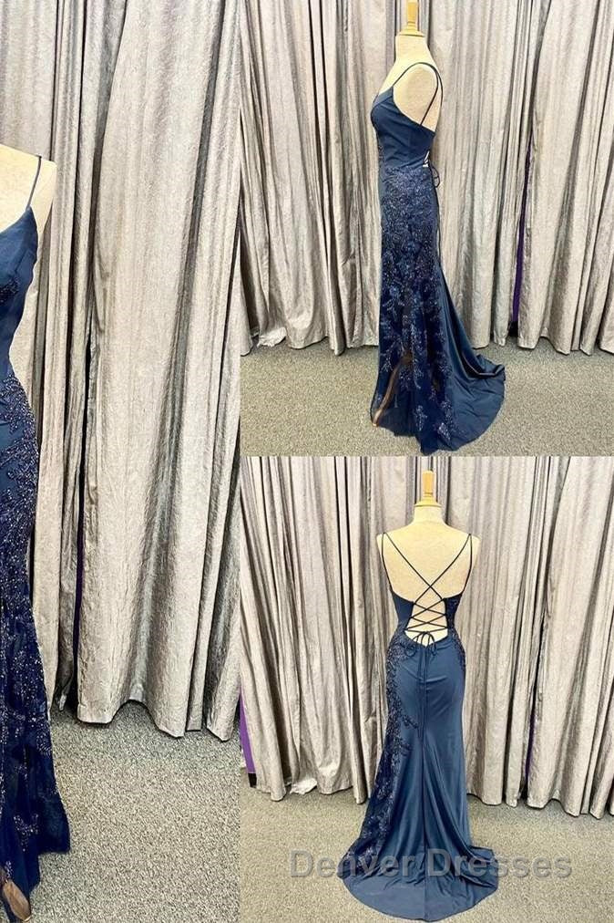 Elegant Navy Blue Long Prom Dress with Lace Appliques Secondary image