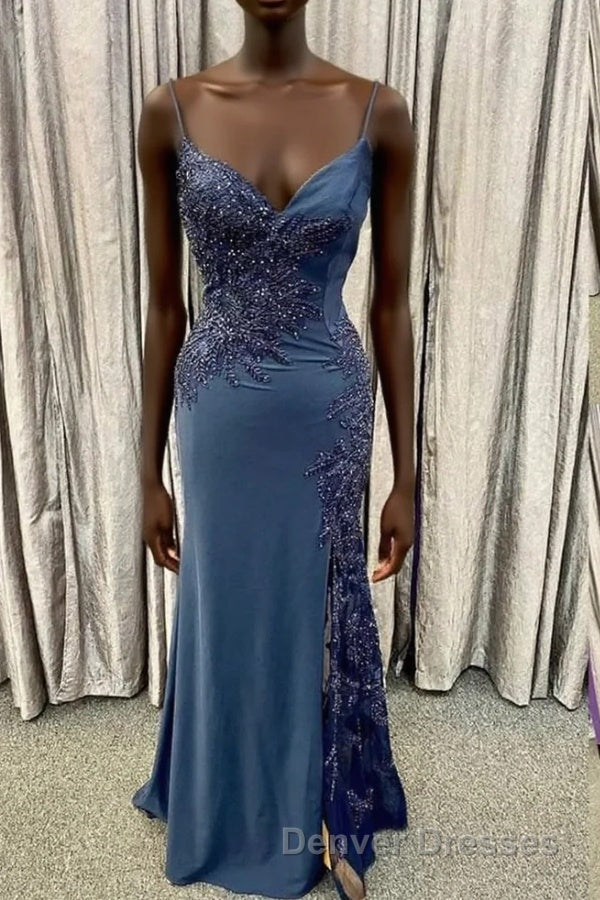 Elegant Navy Blue Long Prom Dress with Lace Appliques Main image