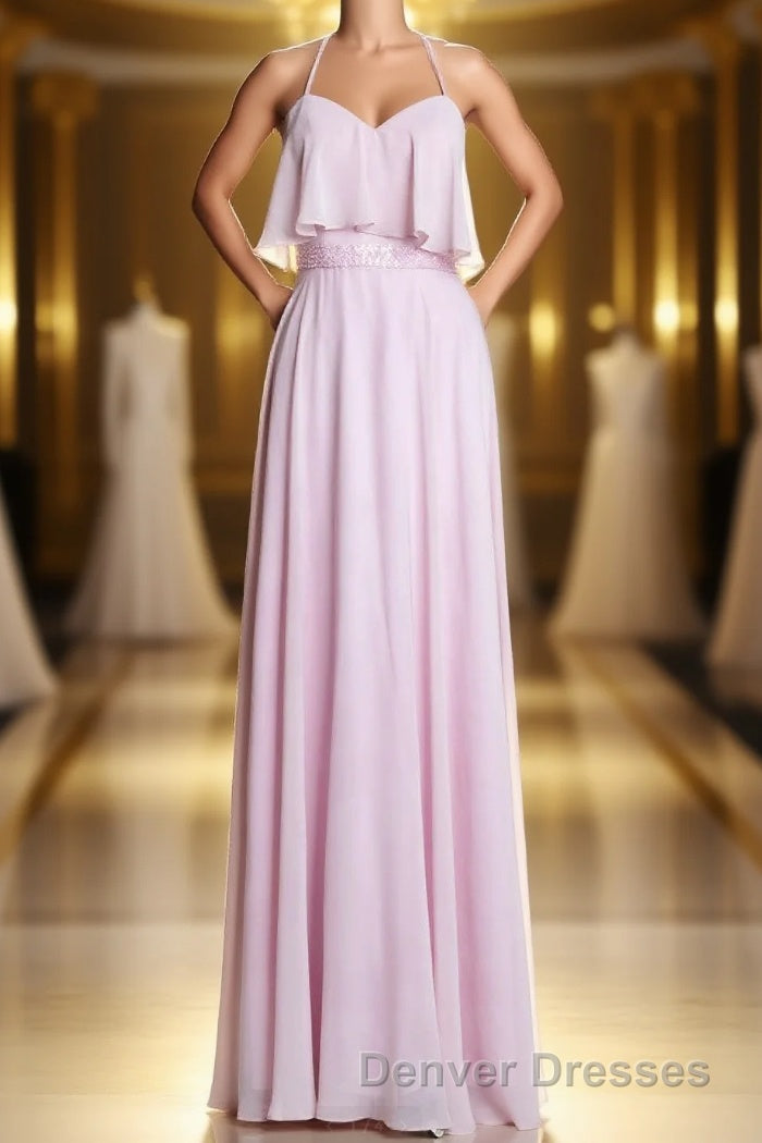 Pink Straps Flounce Chiffon A-line Long Bridesmaid Dress Main image