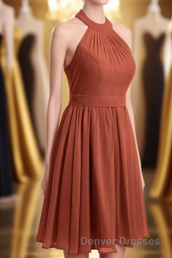 Rust Orange Chiffon Halter Backless A-Line Short Bridesmaid Dress Main image