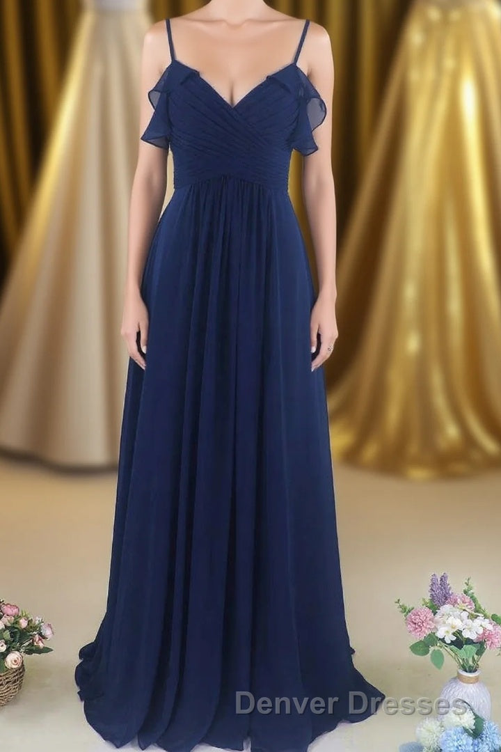 Navy Blue Chiffon Cold-Shoulder A-Line Long Bridesmaid Dress Main image