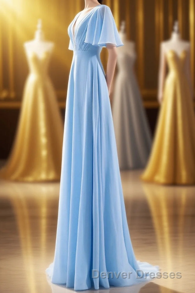 Flutter Sleeves Blue Chiffon A-line Long Bridesmaid Dress Main image