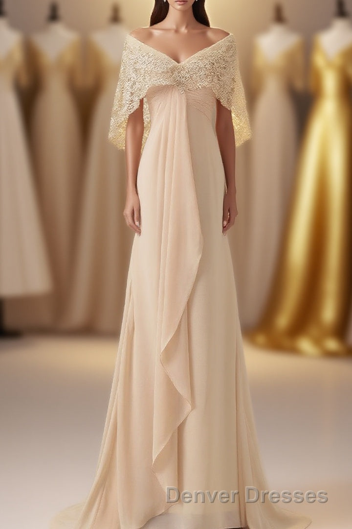 Ruffles Chiffon Long Mother of the Bride Dress with Lace Cape