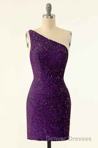 Pink Sequin One-Shoulder Backless Short Formal Dress
