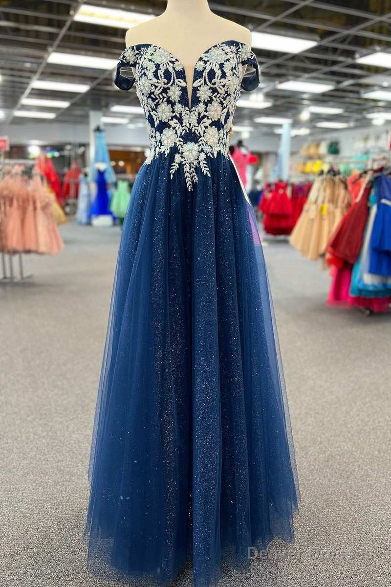 Navy Blue Floral Applique Lace-Up A-Line Long Prom Dress Main image