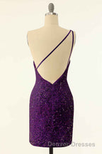 Pink Sequin One-Shoulder Backless Short Formal Dress