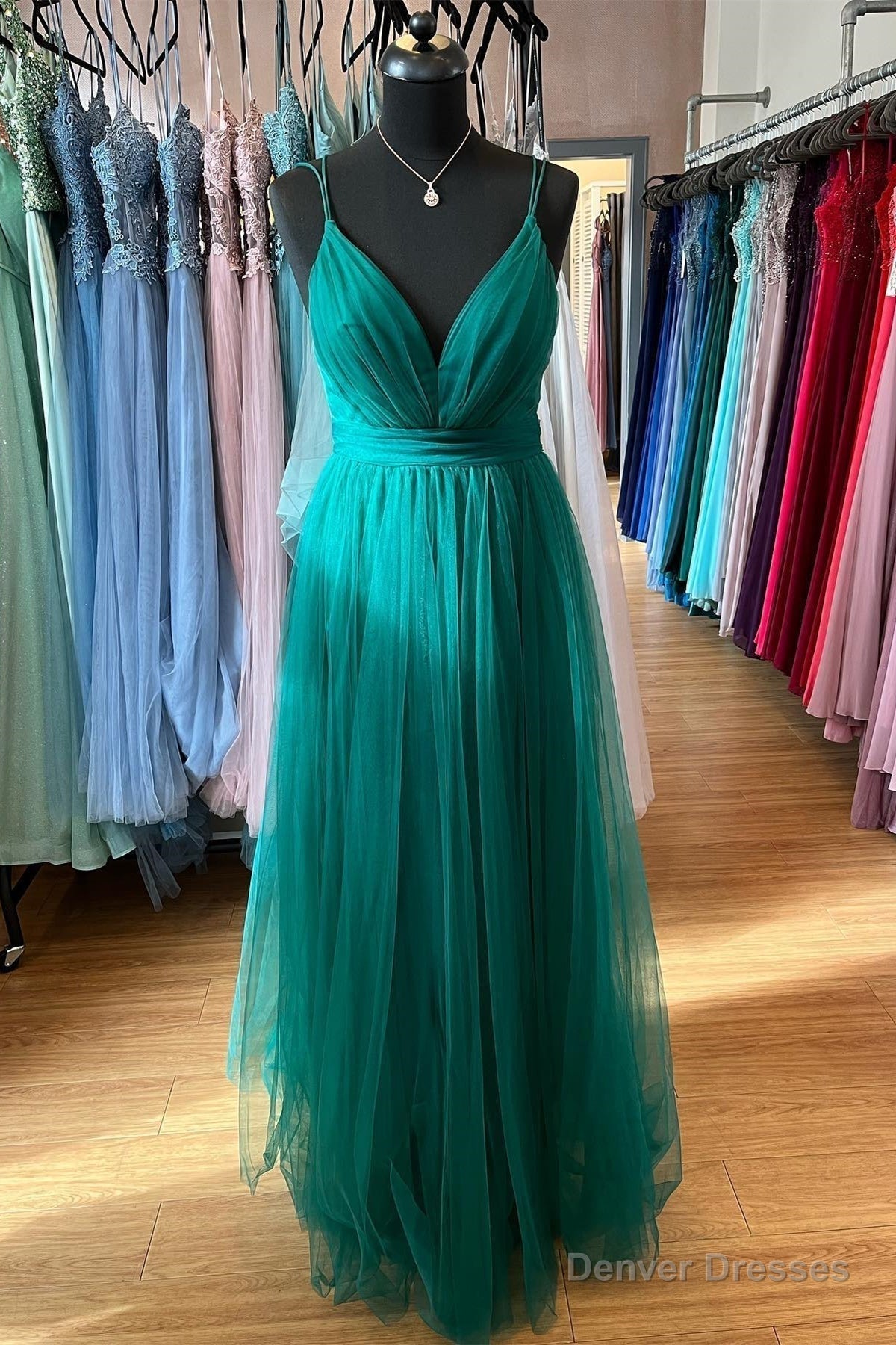 Hunter Green A-line Plunging V Neck Double Straps Pleated Long Prom Dress Main image