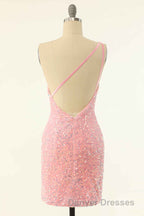 Pink Sequin One-Shoulder Backless Short Formal Dress