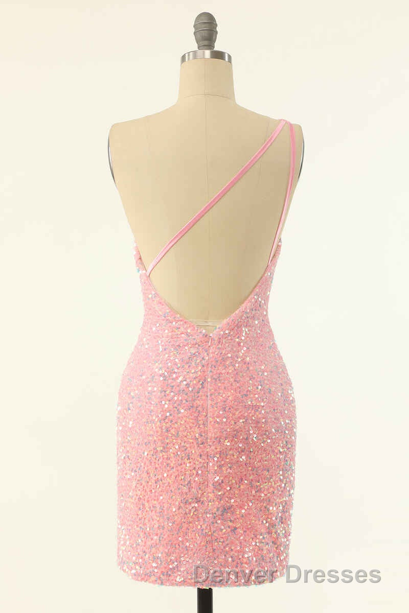 Pink Sequin One-Shoulder Backless Short Formal Dress
