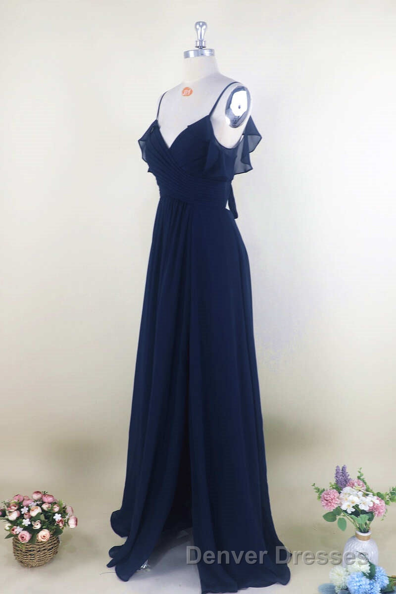 Navy Blue Chiffon Cold-Shoulder A-Line Long Bridesmaid Dress Secondary image
