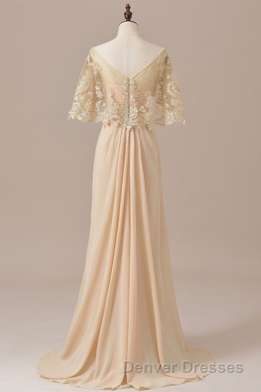 Ruffles Chiffon Long Mother of the Bride Dress with Lace Cape
