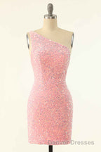 Pink Sequin One-Shoulder Backless Short Formal Dress